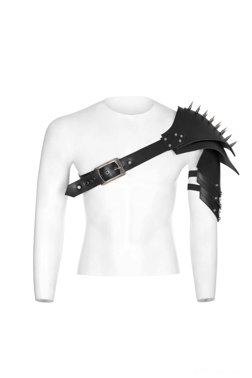 Single spiked shoulder armor front view on mannequin with black leather strap and metal buckle