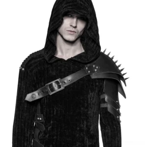 Black spiked leather shoulder harness frontal view on male model with double cone spike rows and metal buckle