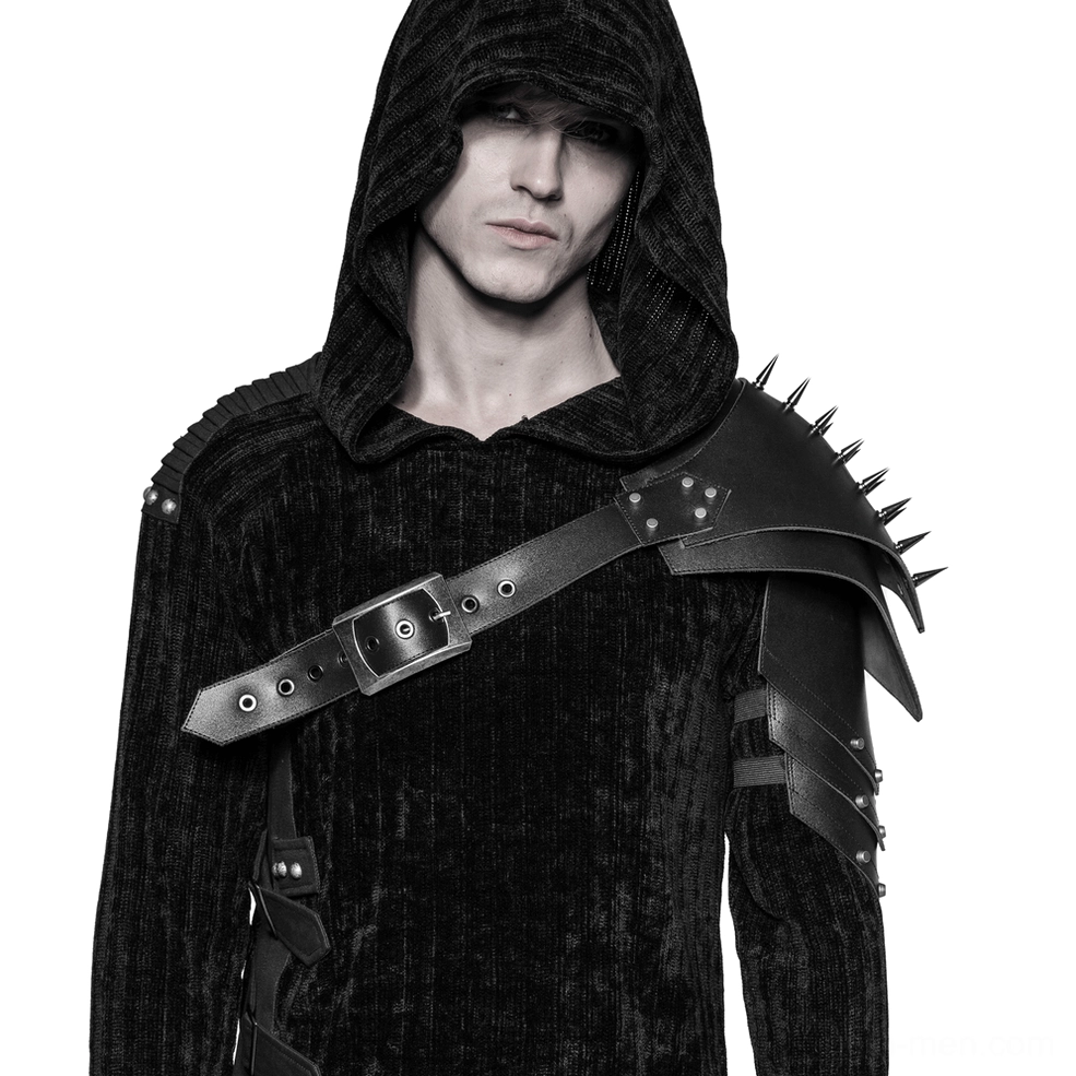 Black spiked leather shoulder harness frontal view on male model with double cone spike rows and metal buckle