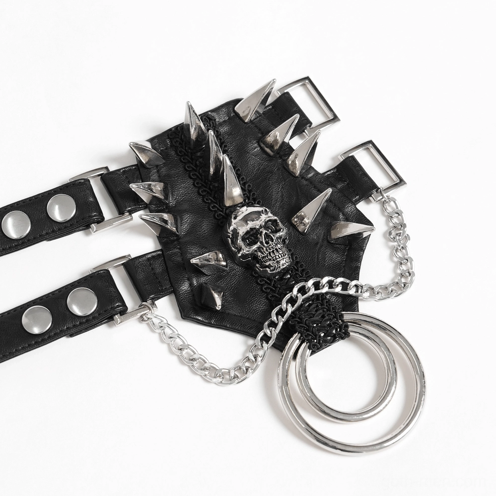 Spike leather strap accessory with metal buckles and large ring, side close-up gothic styling