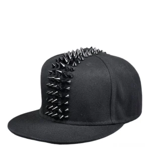 Black gothic spike studded snapback cap with metal studs, flat bill punk rock style alternative fashion headwear