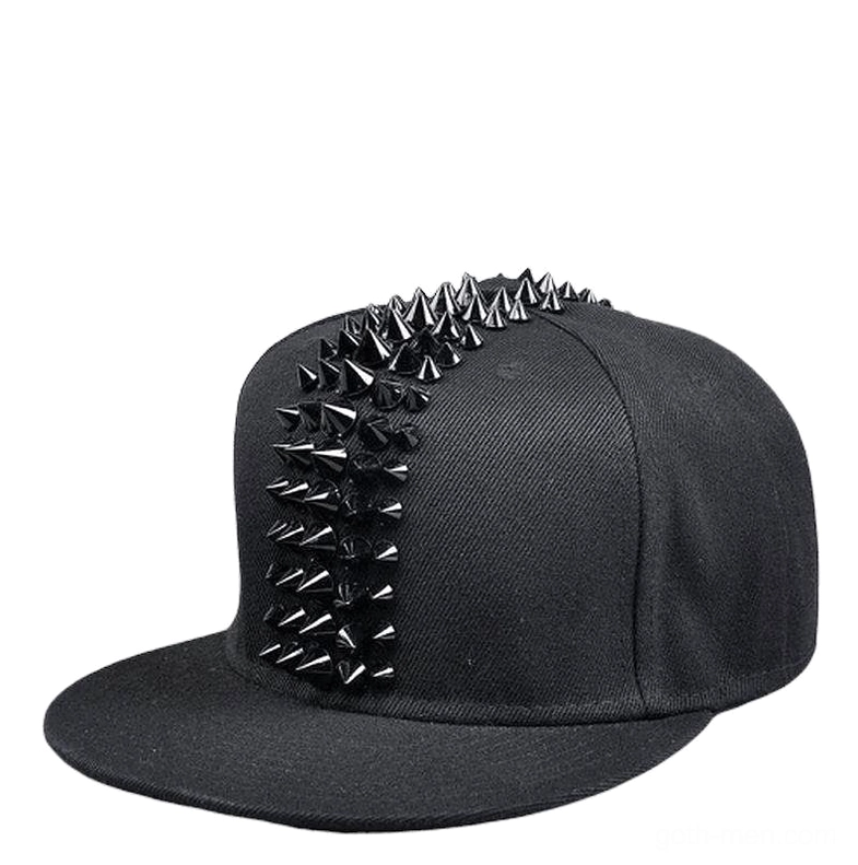 Black gothic spike studded snapback cap with metal studs, flat bill punk rock style alternative fashion headwear
