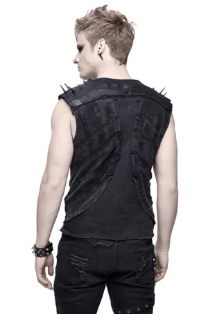 Rear view of black gothic tank top on male model, displaying asymmetrical back panel and distressed edges