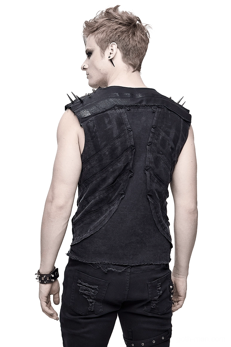 Rear view of black gothic tank top on male model, displaying asymmetrical back panel and distressed edges