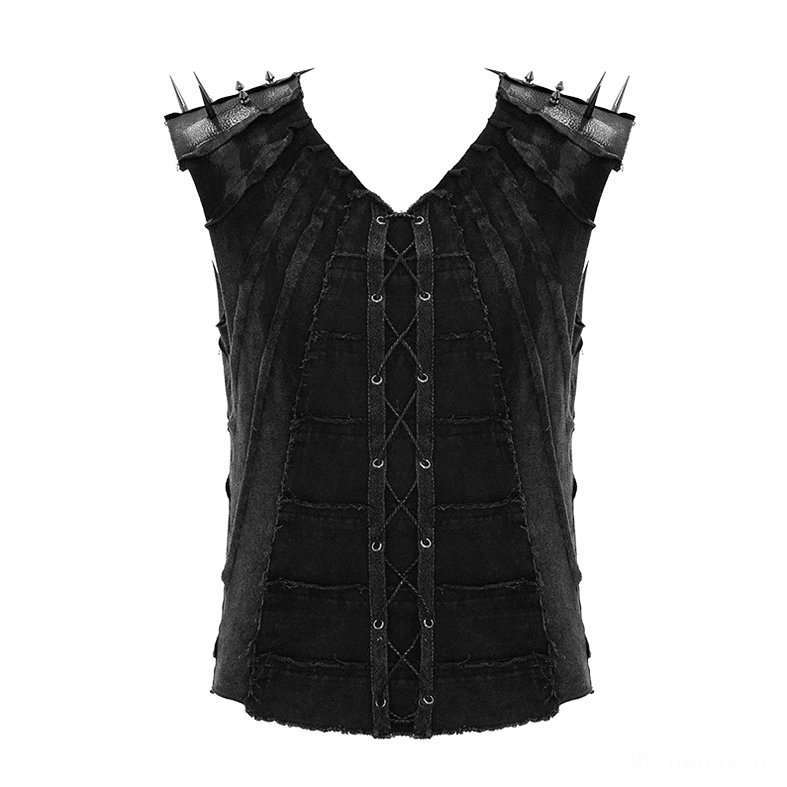 Black spiked tank top front flat lay showing lace-up design and shoulder spikes in detail
