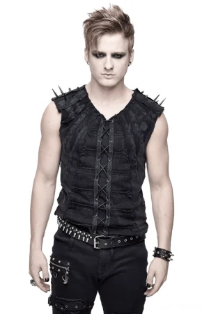 Black gothic spiked sleeveless tank top front view on male model, showing lace-up front and shoulder spikes