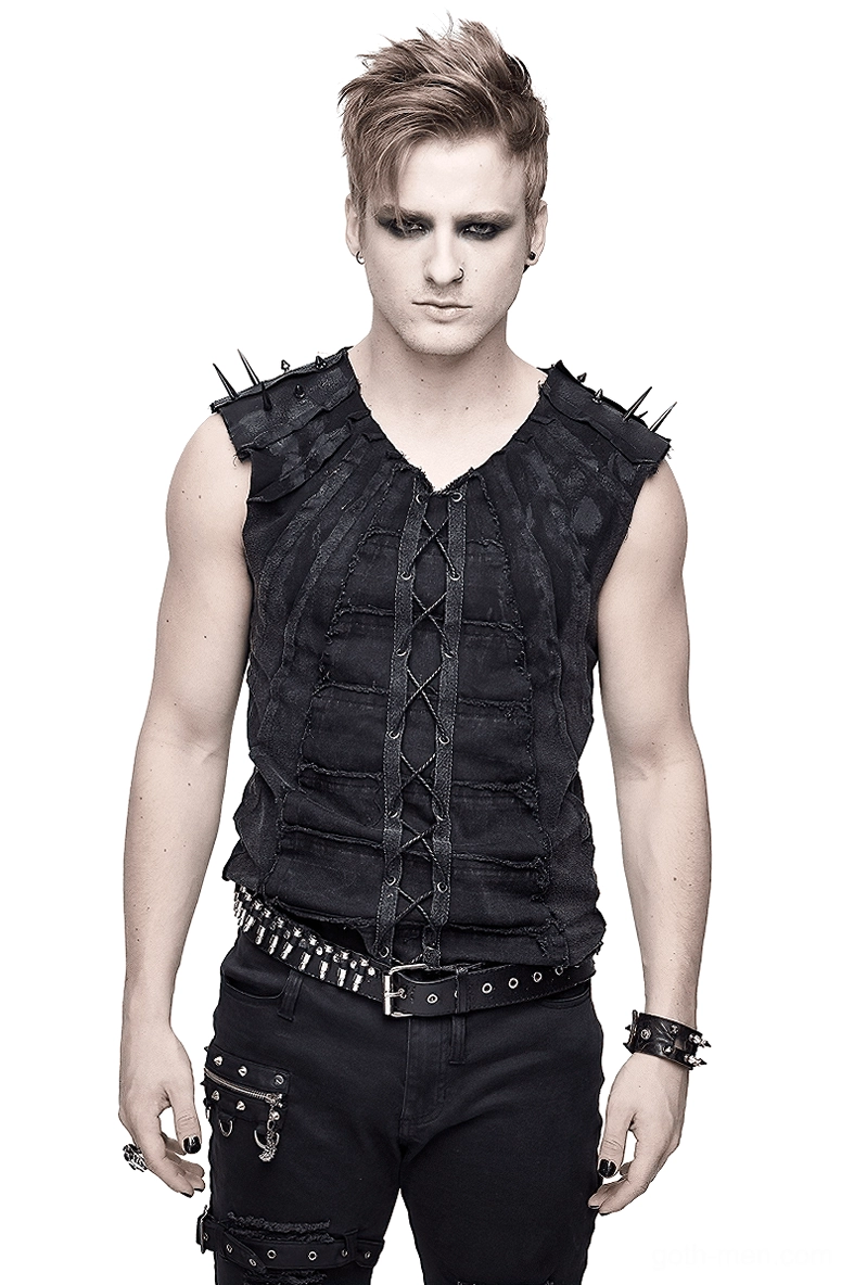 Black gothic spiked sleeveless tank top front view on male model, showing lace-up front and shoulder spikes