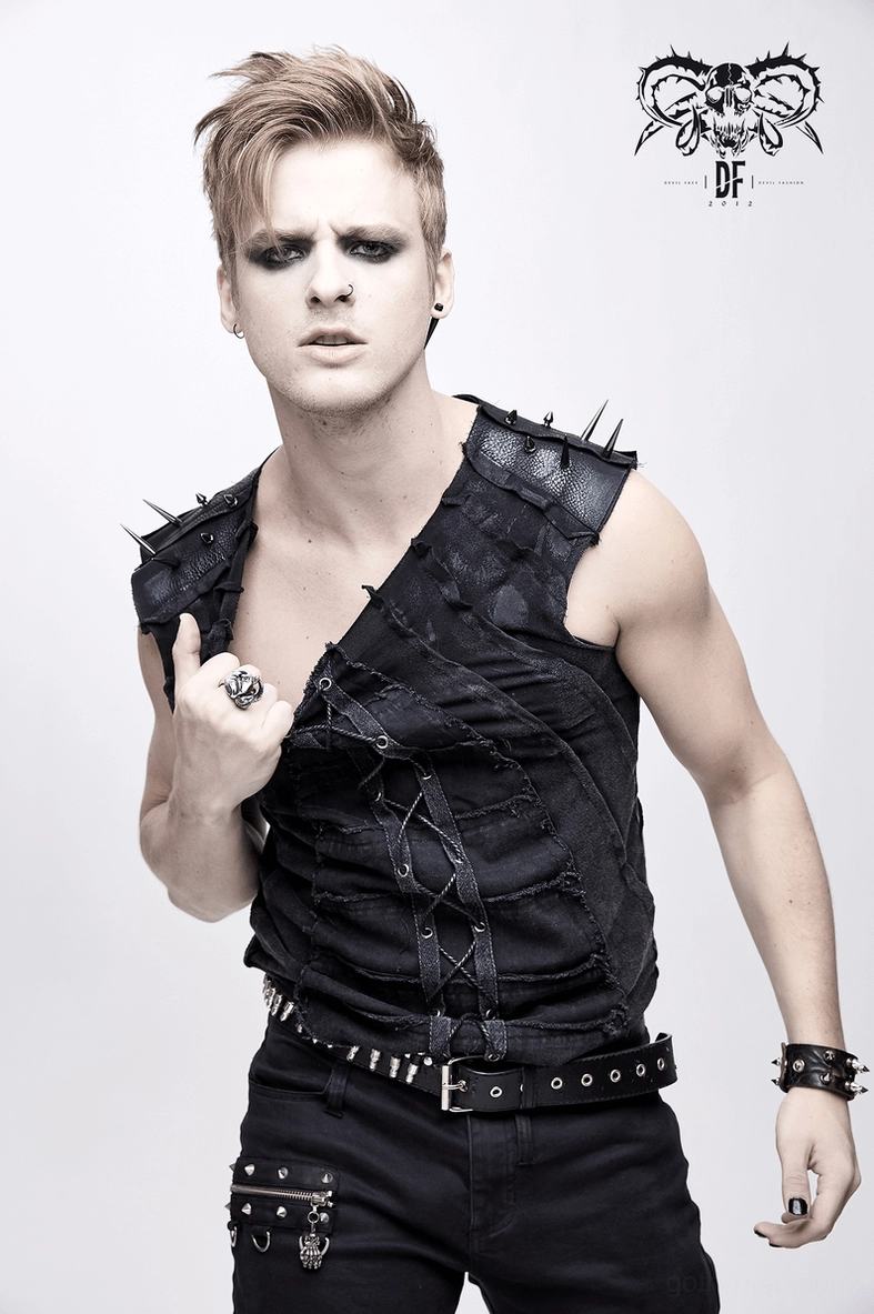 Full product view of black spike tank top showing silhouette and distressed aesthetic details