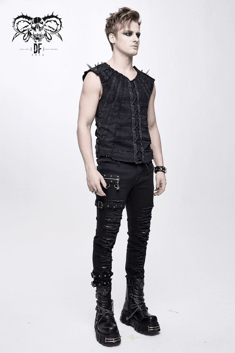 Secondary view of black gothic spiked tank top showing side profile and structural details