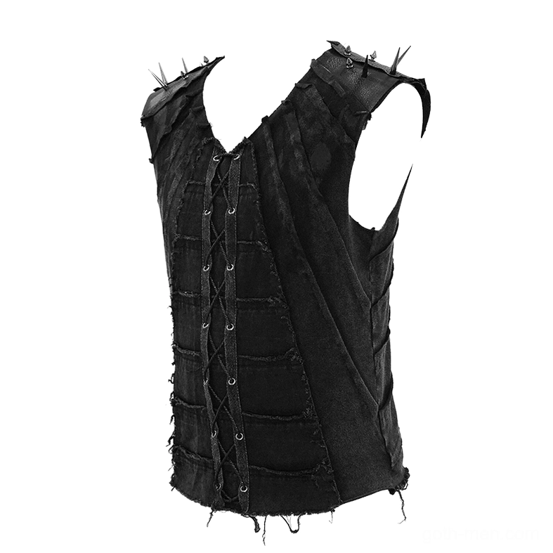 Three-quarter side view of gothic spiked sleeveless vest showing lace-up front and frayed bottom edge