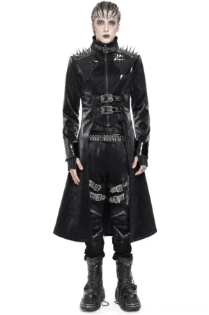 Men's spiked velvet gothic trench coat with metal buckles, front full-body view on model