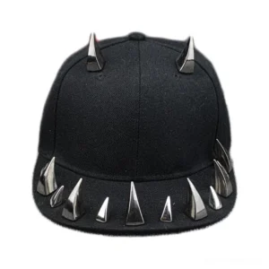 Front view of gothic spiked baseball cap showcasing dual horn-shaped spikes on crown and full metal stud brim trim detail