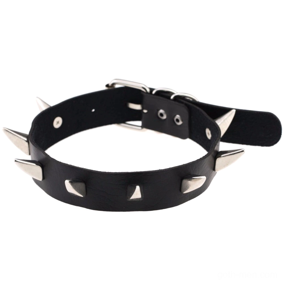 Gothic spiked leather choker showing adjustable strap and silver spike pattern