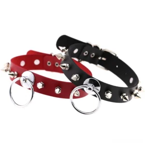 Multi-color gothic spiked PU leather chokers collection display, showing black, red, purple, pink, white, and beige variants with metal spikes and O-ring accents