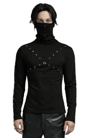 Black gothic high collar top with metal spikes and eyelets, front view on male model