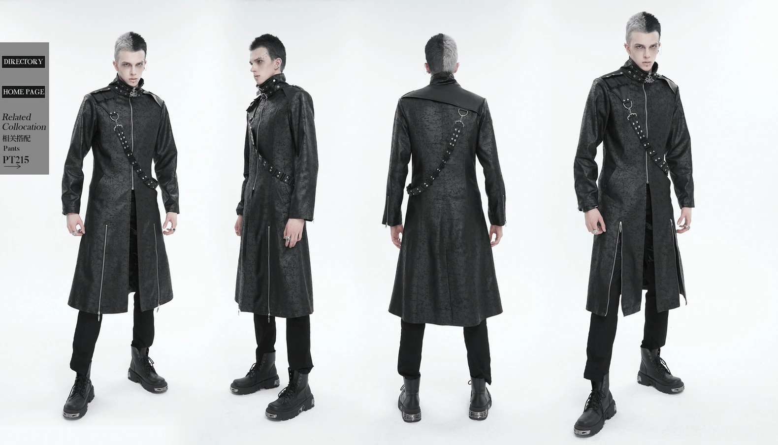 Gothic split coat front three-quarter view on male model showing full silhouette, stand collar, and split construction in context