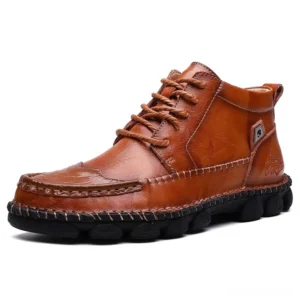 Tan split leather men's gothic boots front side view - waterproof lace-up design with hand-stitched detailing