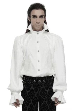 White gothic stand collar shirt with bubble sleeves front view on male model