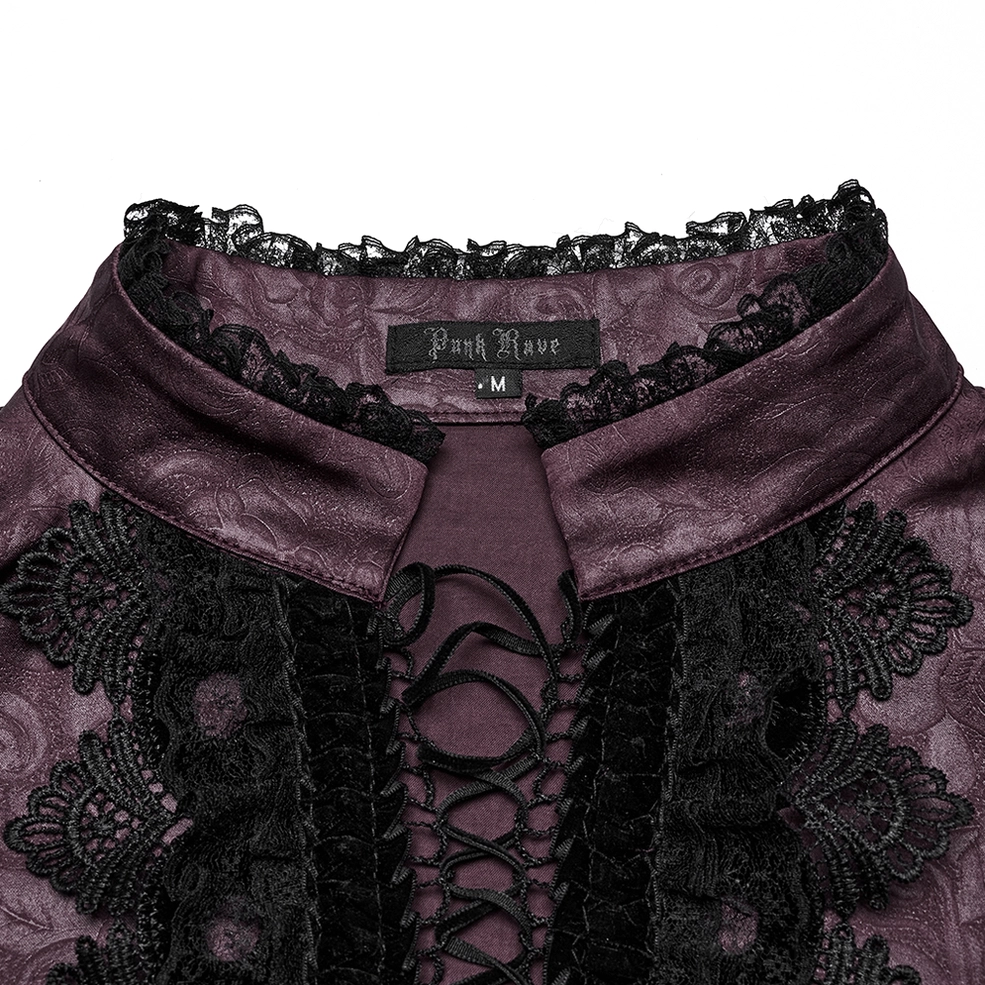 Gothic stand-up collar close-up detail - lace-trimmed neckline and lace-up front design