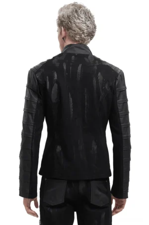 Men's gothic stand collar jacket with ragged back panel - rear full-body view on model
