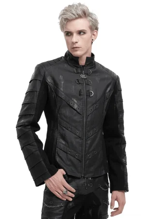 Men's gothic stand collar jacket with distressed back and metal eyelets - front view on model
