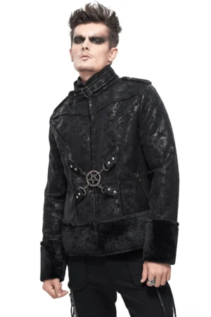 Black gothic stand collar jacket with metal pentagram and faux fur trim - front view on model