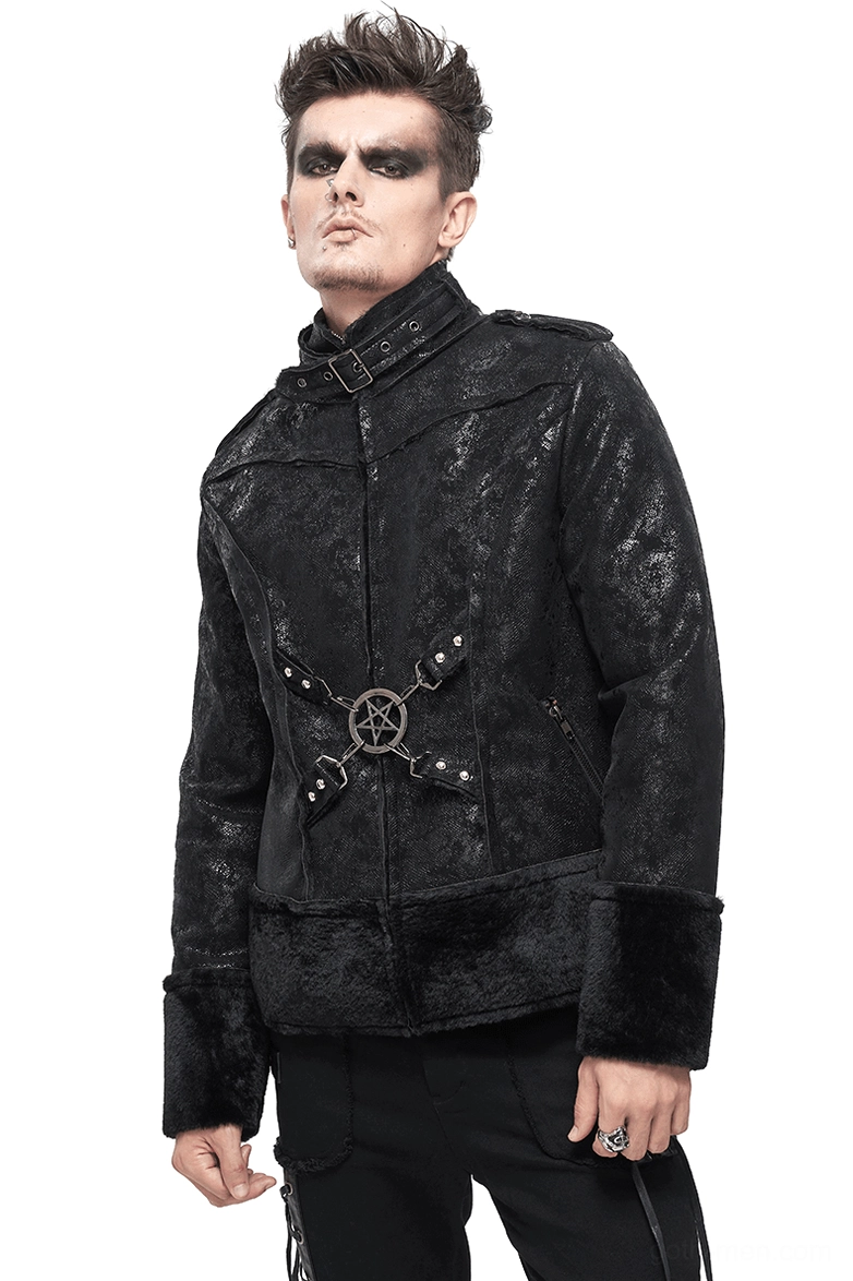 Black gothic stand collar jacket with metal pentagram and faux fur trim - front view on model
