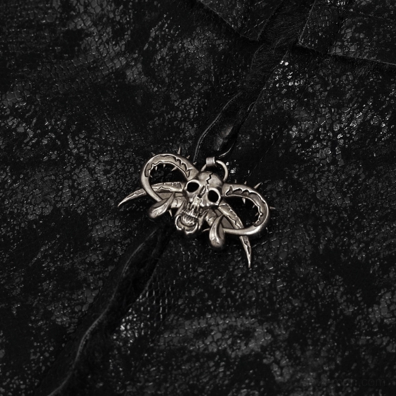 Size reference and fit detail of black gothic stand collar jacket on model
