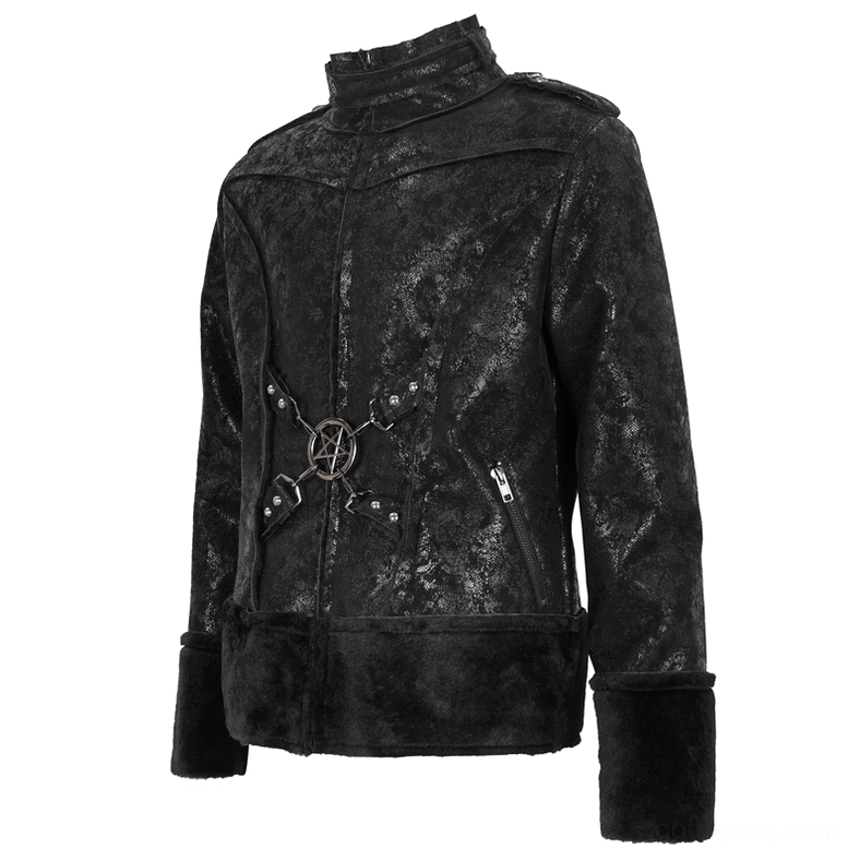 Three-quarter front view of black gothic stand collar jacket with side zipper pockets
