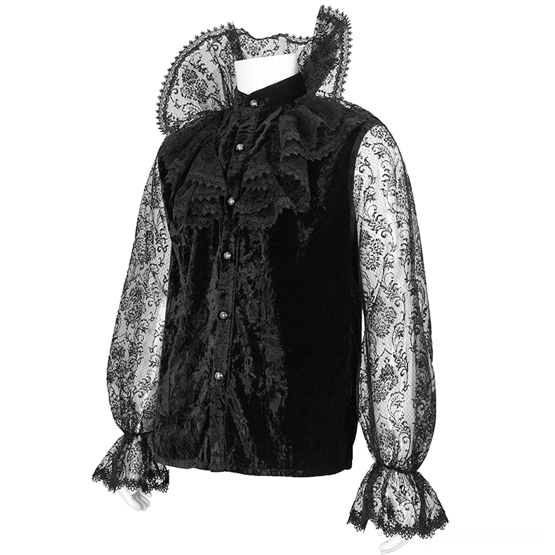 Men's gothic lace shirt with ruffled stand collar and floral lace transparent sleeves - mannequin front