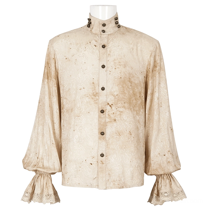 Front display of gothic shirt showing stand collar with metal buttons and lace-trimmed lantern cuffs on display mannequin