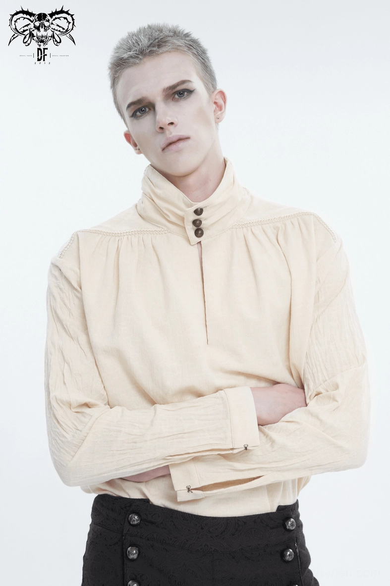 Gothic stand collar cotton shirt on male model, three-quarter front angle with stand collar and button placard visible