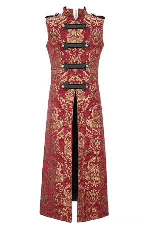 Men's gothic stand collar sleeveless long coat front view featuring deep wine red base with gold damask jacquard pattern, black knot toggle fasteners, and strategic front split hem