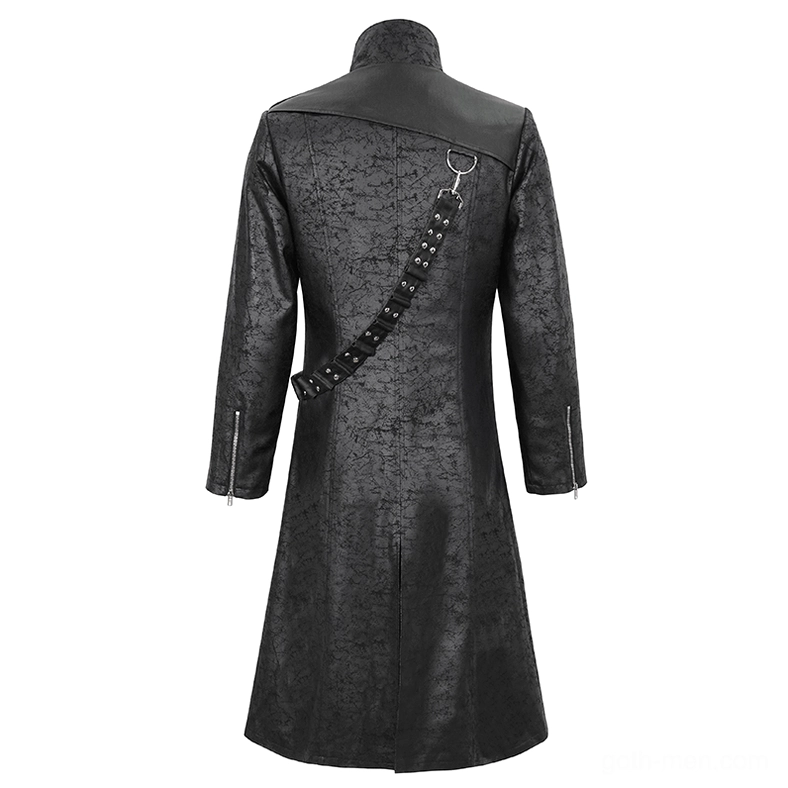 Gothic split coat back full display showing leather shoulder cape construction, side split zippers, and straight long-length silhouette