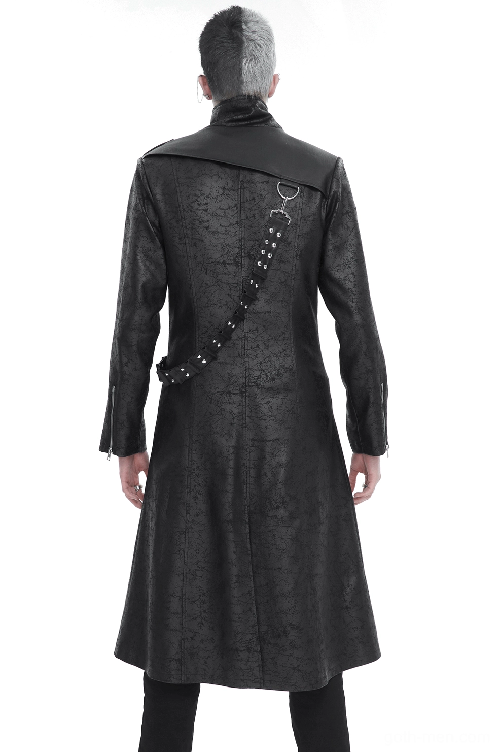 Gothic long trench coat back view showing cracked leather shoulder cape and rear crossbody strap with architectural draping