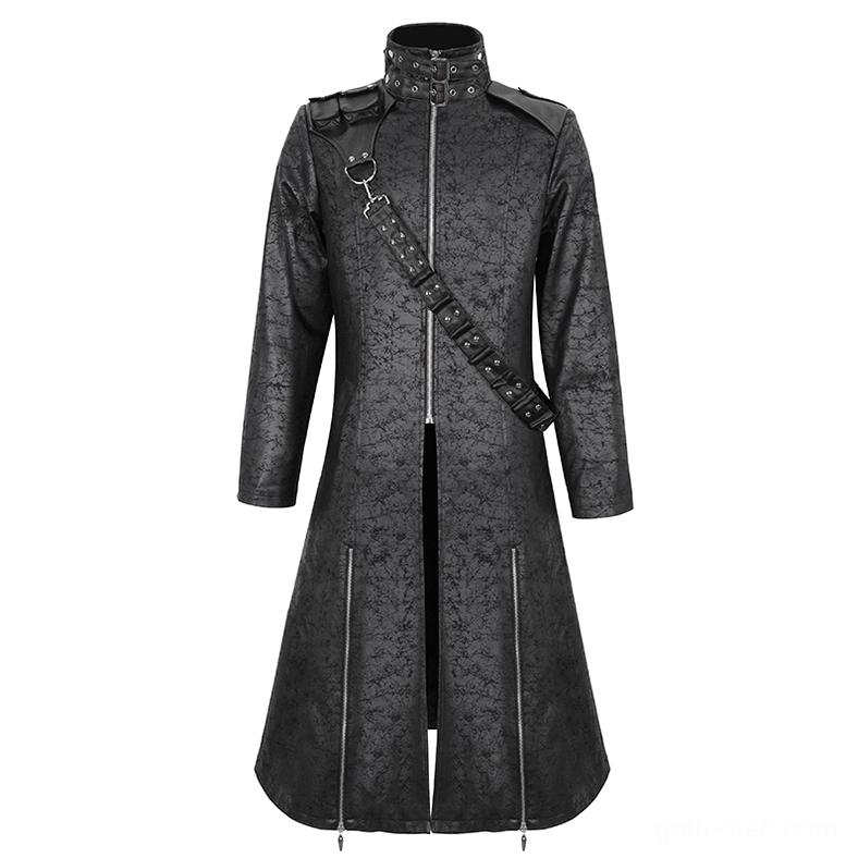 Gothic split coat front display without model, showing stand collar with metal buckles, front zipper, detachable crossbody strap and side split construction