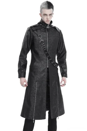 Gothic stand collar split coat with detachable crossbody strap front full view, black woven cotton coat with metal buckle collar and side split zippers on male model