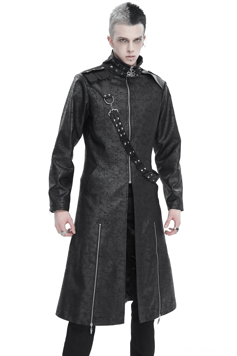 Gothic stand collar split coat with detachable crossbody strap front full view, black woven cotton coat with metal buckle collar and side split zippers on male model