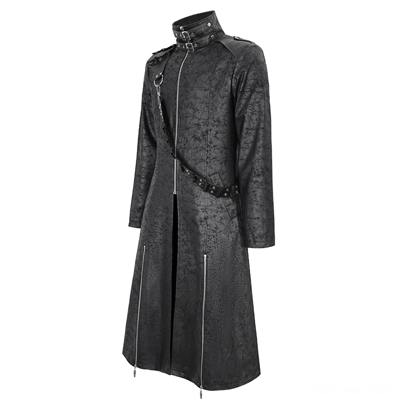 Gothic stand collar split coat oblique front view highlighting metal buckle stand collar, front zipper placket, and cracked leather fabric texture