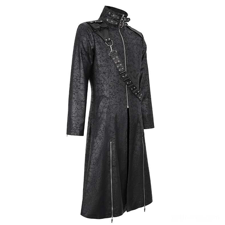 Gothic trench coat left side profile view showing stand collar with shoulder epaulets, tactical crossbody strap, and structured side zipper splits