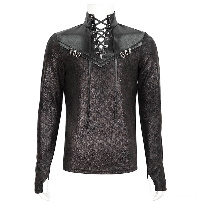 Stand collar gothic sweatshirt on mannequin front display with lace-up neckline and leather trim