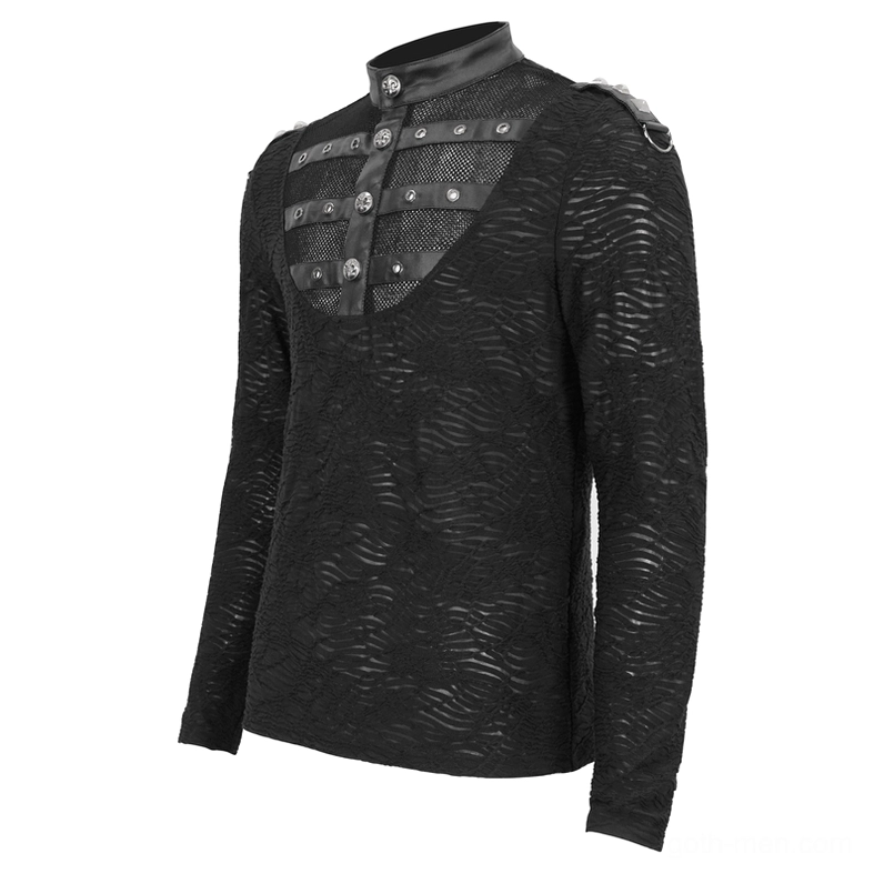 Textured black gothic rivet top with stand collar - three-quarter front perspective showing shoulder detail