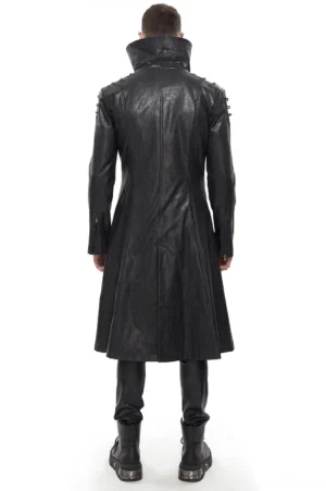 Male model wearing gothic trench coat from rear perspective, showcasing back shoulder spike details and fitted long coat silhouette