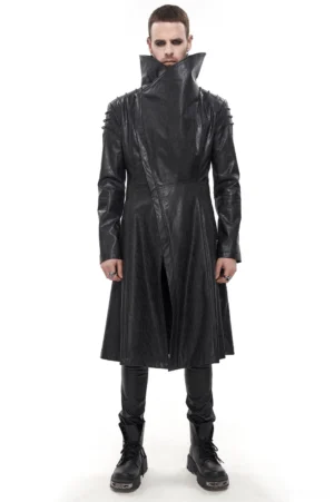 Male model wearing black gothic stand collar trench coat with spiked shoulders, frontal view showing distressed faux leather and tall structured collar