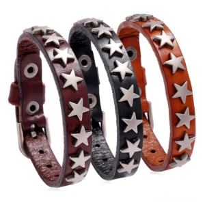 Three color variants of antique silver star leather gothic bracelets - black, brown, and camel - displayed overhead on white background