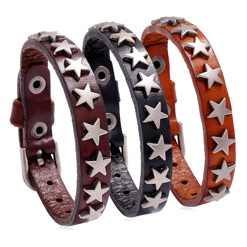 Three color variants of antique silver star leather gothic bracelets - black, brown, and camel - displayed overhead on white background
