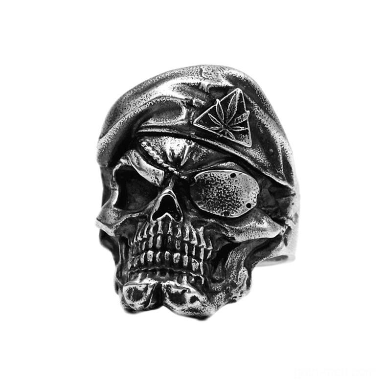 Dark gothic skull ring left front view with realistic bone structure and weathered sterling silver patina