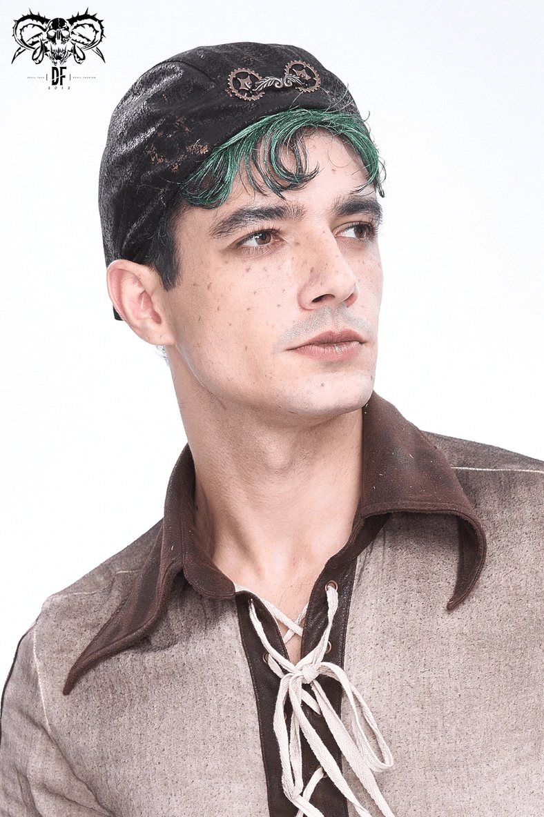 Men's gothic steampunk bandana cap with bronze gear accents displayed in lifestyle styling shot