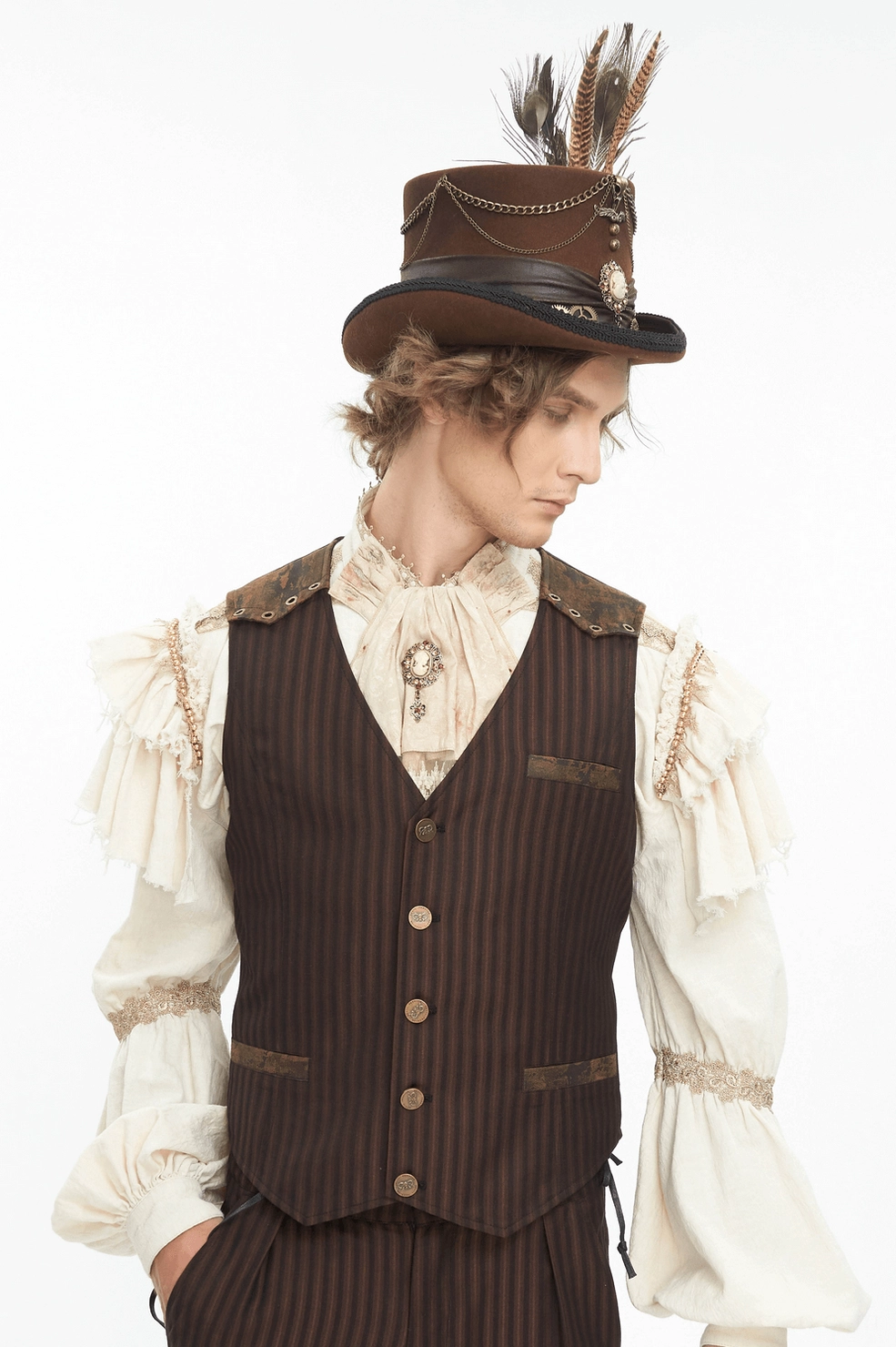 Alternative front view of gothic steampunk brown top hat with peacock feather, metal gears, and chains on white background