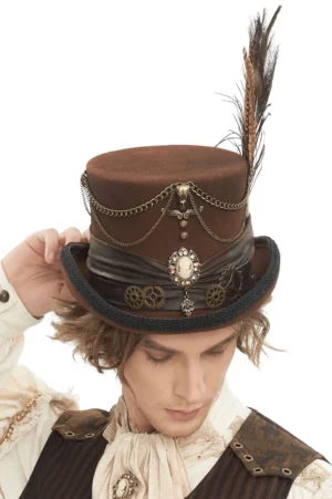 Gothic steampunk brown top hat front view with peacock feather, metal chains, and vintage cameo brooch on model
